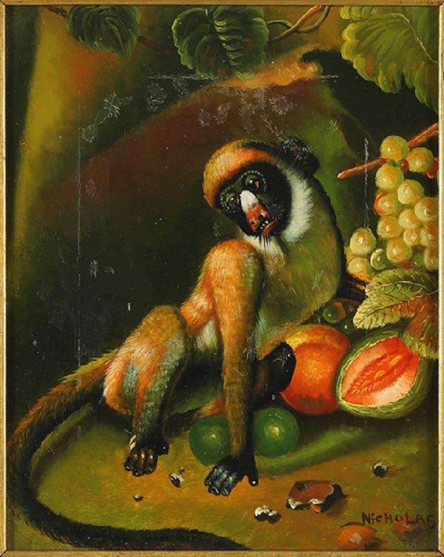 Nicholas (Contemporary) Monkey with Fruit.: Nicholas (Contemporary) Monkey with Fruit. Oil on canvas, signed lower right 10" x 8" Frame: 19" x 17.25"