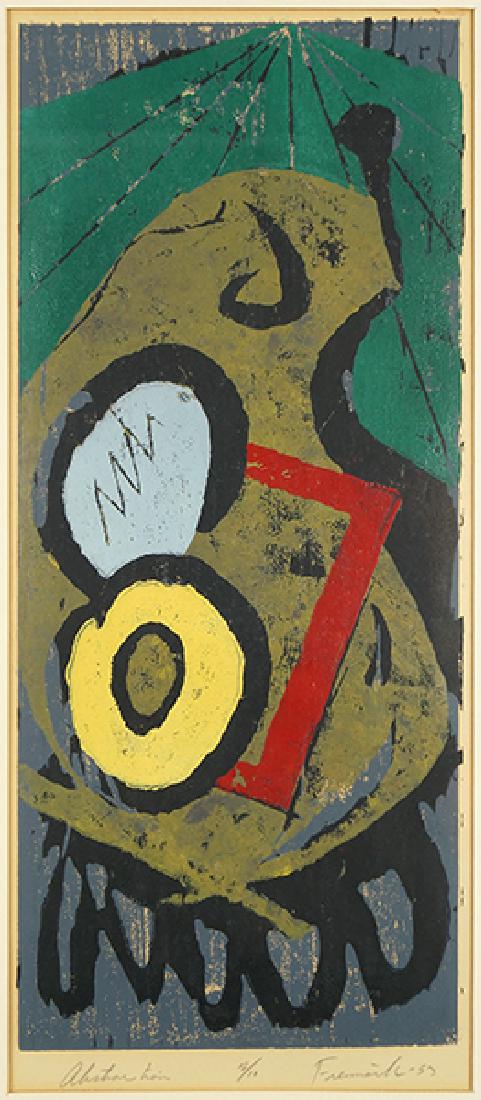Robert Freimark (American, 1922-2010) Abstraction.: Robert Freimark (American, 1922-2010) Abstraction. Color woodcut, pencil signed lower right, dated '53, titled, and numbered 2/10 18" x 7.5" Frame: 29.5" x 18.5"