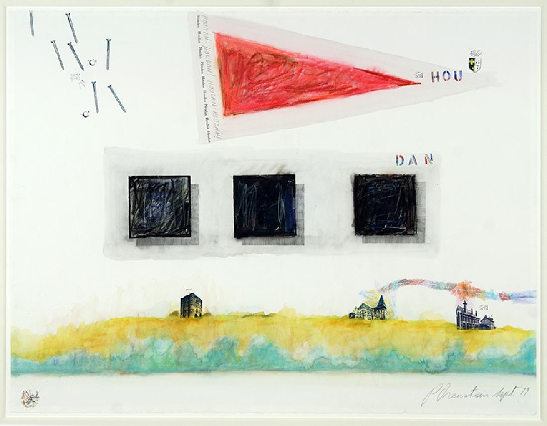 Philip Orenstein (French-American, B. 1938) Houdan.: Philip Orenstein (French-American, B. 1938) Houdan. Watercolor, pastel, and photo transfers, signed lower right and dated Sept. '79 38" x 50" Frame: 46.5" x 58.25"
