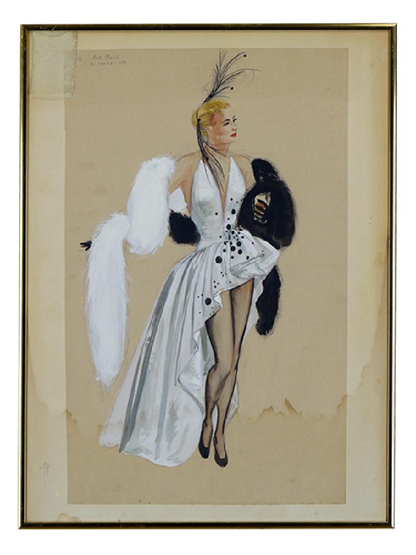 A Costume Design for Nina Foch from An American in: A Costume Design for Nina Foch from An American in Paris. Watercolor and pencil on paper with a fabric swatch in the upper left corner. Reverse identifies the character as Nina Foch. Illegibly pencil 