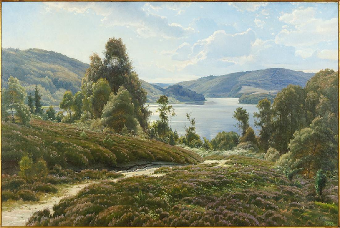 Johannes Boesen (Danish, 1847-1916) Sommerdag Vid Thor: Johannes Boesen (Danish, 1847-1916) Sommerdag Vid Thor So. Oil on canvas, signed lower right and dated 1908 37.5" x 56.25", Frame: 51.5" x 69.75"
