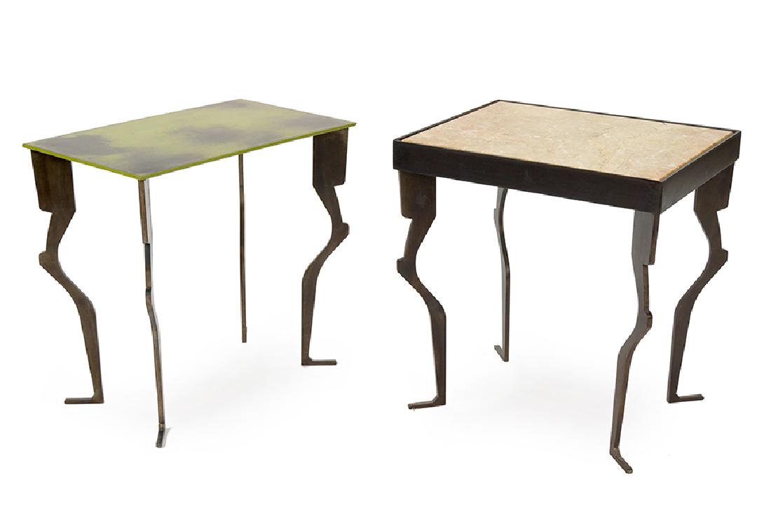 Two Contemporary Steel Tables.: Two Contemporary Steel Tables. Comprising a steel table with green enamel top, and a steel table with inset marble top. Both are signed "Things of Steel" Enamel: 19" x 20" x 12" Marble: 21" x 20" x 12