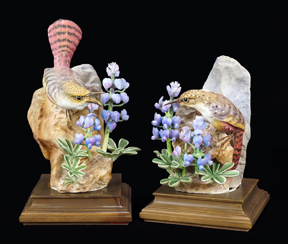 A Pair of Dorothy Doughty for Royal Worcester Porcelain: A Pair of Dorothy Doughty for Royal Worcester Porcelain Birds. Depicting Canyon Wrens. Provenance: Sold to benefit the Art Acquisition Fund at the Indianapolis Museum of Art at Newfields Taller with b