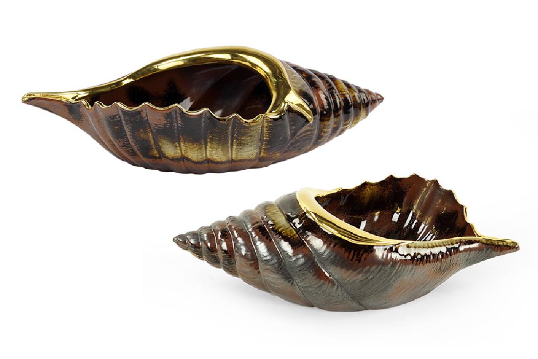 Two Buccellati Shell Dishes.: Two Buccellati Shell Dishes. Gilt and mottled ceramic shell form dish with a Buccellati Milan sticker on the underside Larger: 3.5" x 15" x 6"
