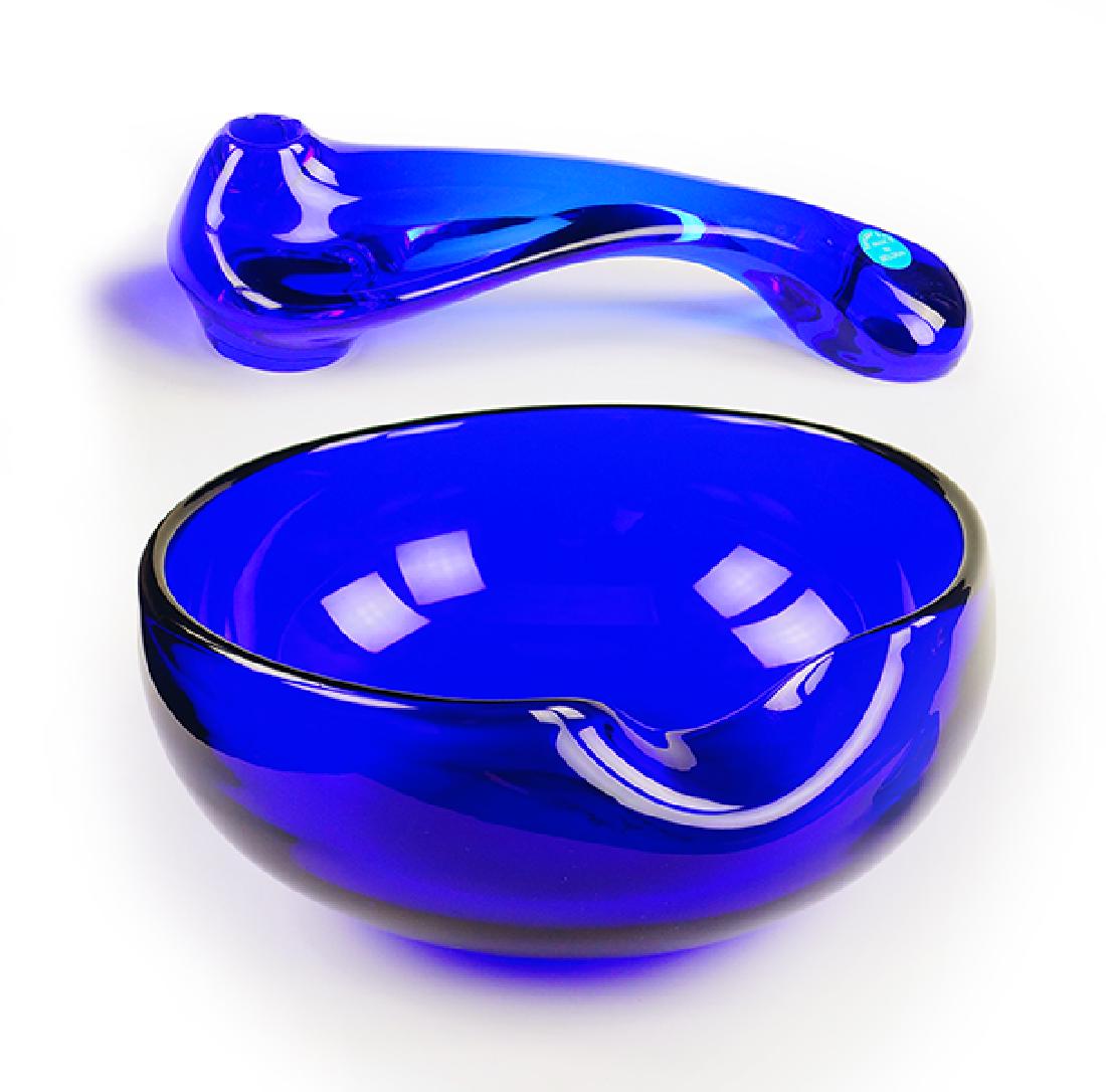 An Elsa Peretti For Tiffany Thumbprint Bowl.: An Elsa Peretti For Tiffany Thumbprint Bowl. Cobalt glass bowl signed Elsa Peretti for Tiffany. Together with an Elsa Peretti for Tiffany & Co. cobalt glass candlestick Bowl: 7.25" x3"