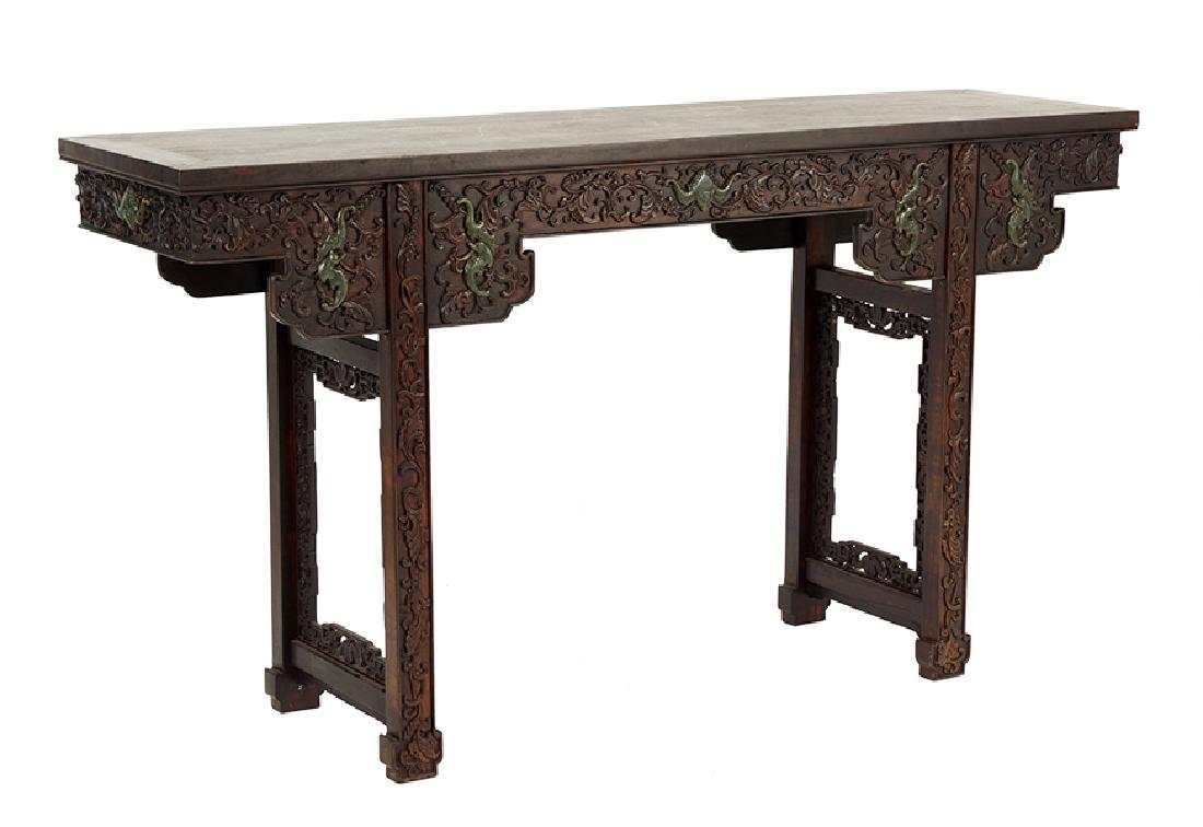 A Chinese Carved Hardwood and Jade Inlaid Altar Table. (1 of 1)