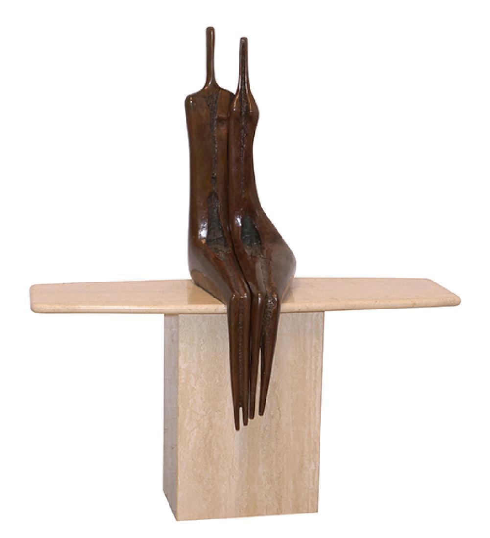Aharon Bezalel (Afghan/Israeli, 1926-2012) Embracing: Aharon Bezalel (Afghan/Israeli, 1926-2012) Embracing Couple. Two patinated bronze figures which fit together. Side of male is signed "A. Bezalel". Together with travertine table base (29.5" x 56" x 19