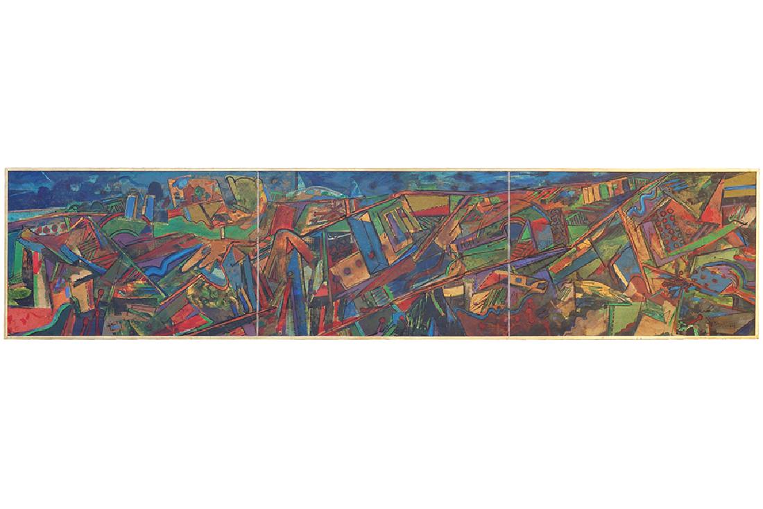 Harry Bouras (American, 1931-1990) Gene's Retreat.: Harry Bouras (American, 1931-1990) Gene's Retreat. Oil on canvas triptych, each signed en verso, titled, dated 'June-Sept 1976', and inscribed. Contained together in one frame Overall: 40" x 180" Fram