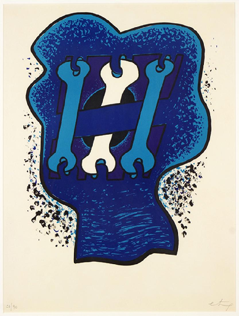 Sorel Etrog (Romanian / Canadian, 1923-2014) Key Head: Sorel Etrog (Romanian / Canadian, 1923-2014) Key Head Three Blues. Color lithograph, pencil signed lower right and numbered 53/90 Sight: 20" x 15.25" Frame: 31.75" x 25"