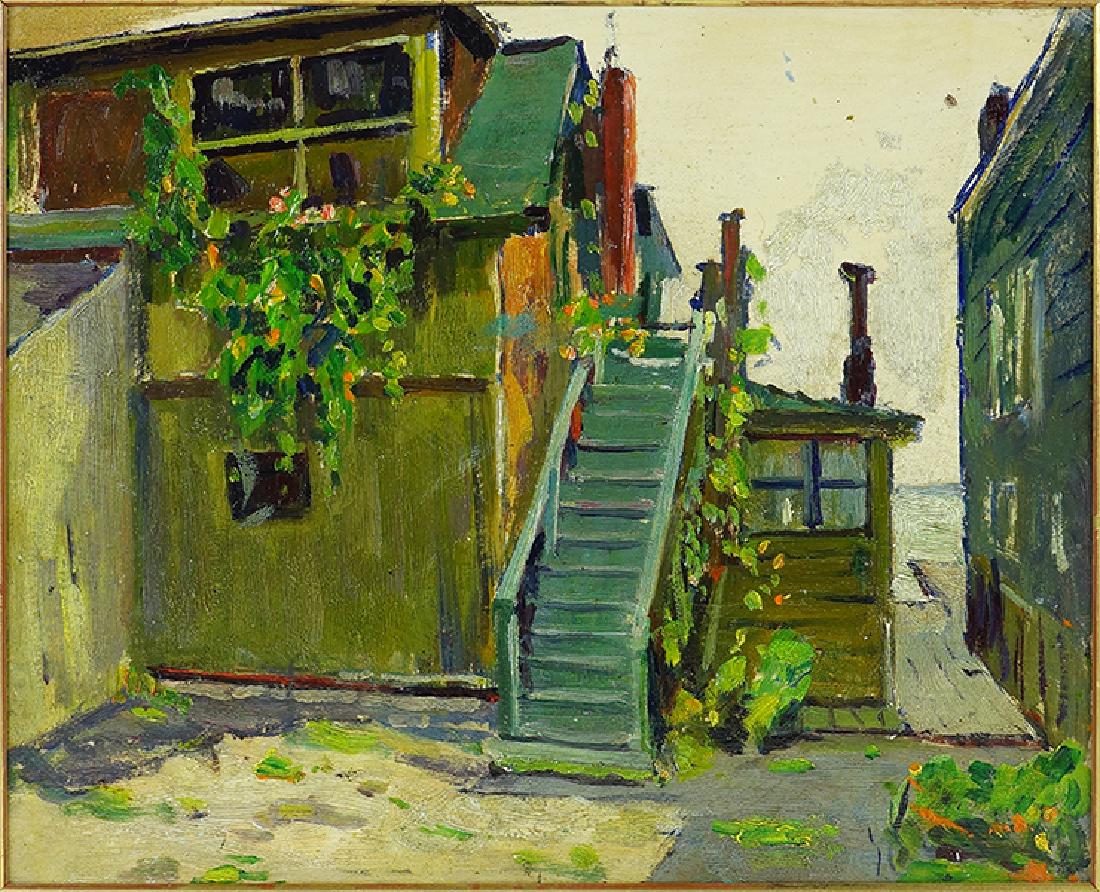 Attributed to Frederick W. Becker (American, 1888-1974): Attributed to Frederick W. Becker (American, 1888-1974) The Staircase. Oil on panel. Unsigned Panel: 8" x 10" Frame: 12" x 14"