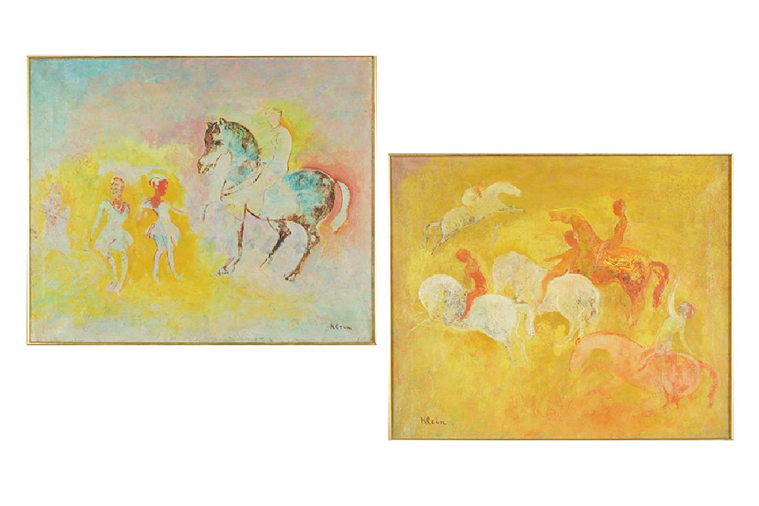 Friedrich Franz Klein (Dutch, 1898-1990) Circus Riders.: Friedrich Franz Klein (Dutch, 1898-1990) Circus Riders. Pair of oils on canvas, signed lower left or right, one signed en verso, dated 1925, and inscribed 'Cagnes' Each: 18.25" x 21.75" Frame: 21.5" x