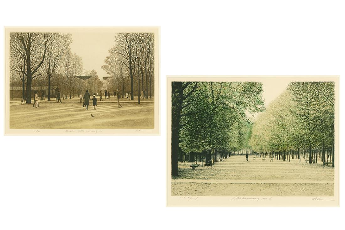 Harold Altman (American, 1924-2003) 'November, Allee: Harold Altman (American, 1924-2003) 'November, Allee Luxembourg' and 'Allee Luxembourg II'. Color etching and a color lithograph, each pencil signed lower right, titled, and dated 1980; the first numb