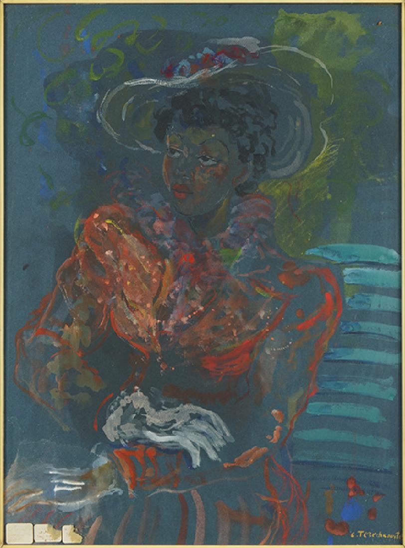 Constantin Terechkovitch (Russian-American, 1902-1978): Constantin Terechkovitch (Russian-American, 1902-1978) Lady In A Hat. Gouache on blue paper, signed lower right 23" x 17", Frame: 25.25" x 19.25"