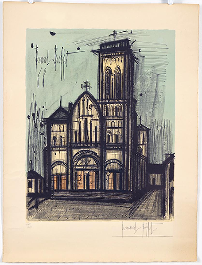 After Bernard Buffet (French, 1928-1999) Vezelay.: After Bernard Buffet (French, 1928-1999) Vezelay. Color lithograph by Charles Sorlier dated to 1968, signed by Buffet lower right and numbered 165/300, unframed 25.75" x 20"