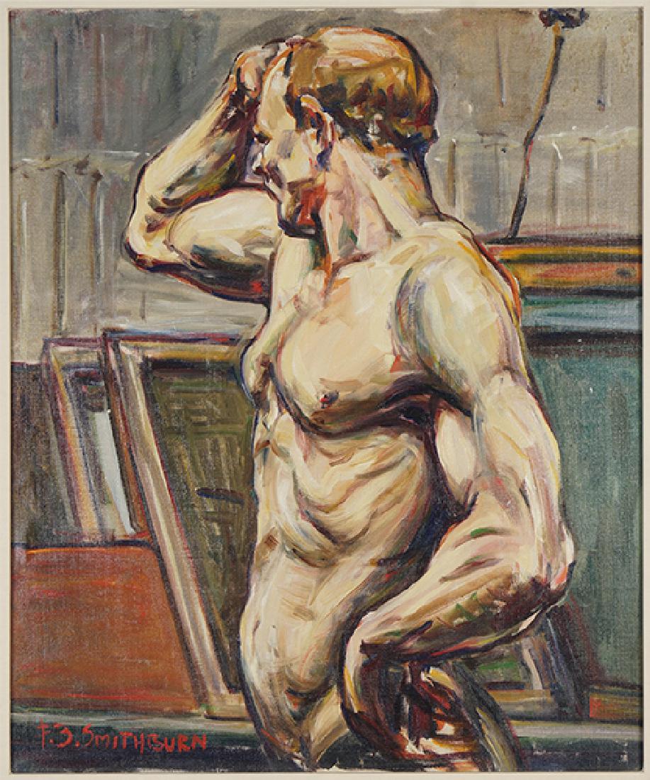 Florence Bartley Smithburn (American, 1904-1989) Male: Florence Bartley Smithburn (American, 1904-1989) Male Nude. Oil on canvas, signed lower left and signed on verso 30" x 25", Frame: 35" x 29.25"