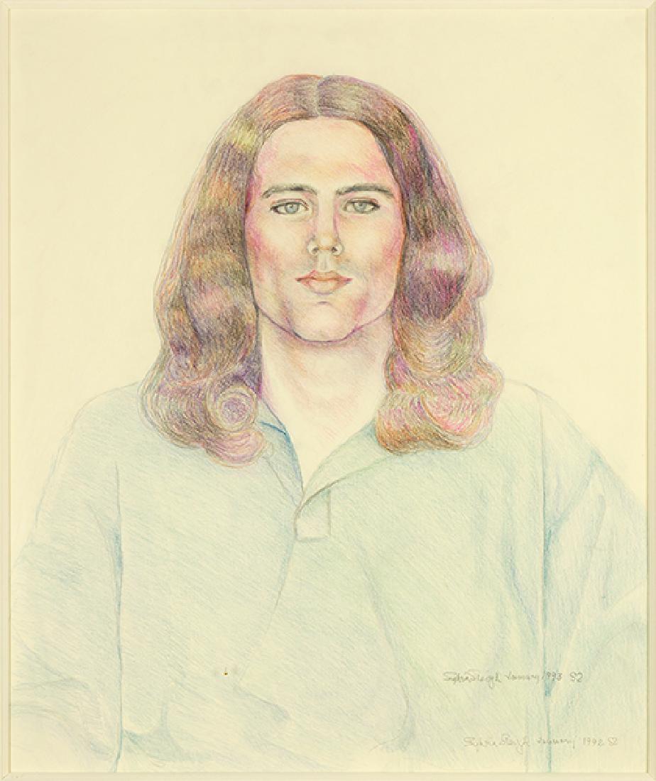 Sylvia Sleigh (American, B. 1916) Portrait of Nicholas: Sylvia Sleigh (American, B. 1916) Portrait of Nicholas Hayman. Color pencil drawing, signed twice lower right and dated 1992 and 1993. Provenance: Zaks Gallery, Chicago 20" x 24", Frame: 31.5" x 26.75