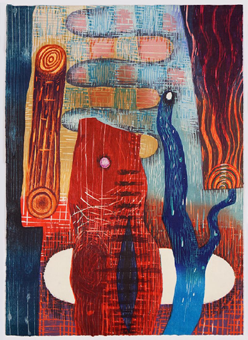 Karen Kunc (American, B. 1952) Backwater Clearing.: Karen Kunc (American, B. 1952) Backwater Clearing. Color woodcut, pencil signed lower right, dated '93, and titled, unframed 28.25" x 20"