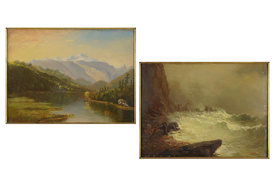 Jonathan Bradley Morse (American, 1834-1898) River: Jonathan Bradley Morse (American, 1834-1898) River Scene and Rocky Coast. Two oils on board. Signed lower left and lower right Board: 9.25" x 12.25" Frame: 16" x 19"