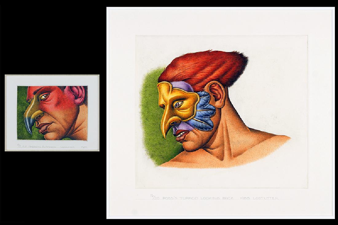 Robert Lostutter (American, B. 1939) Two Works.: Robert Lostutter (American, B. 1939) Two Works. Both hand colored etchings, includes 'Ross's Turaco Looking Back', pencil signed lower right, dated 1988, titled and numbered 16/20, and 'American Flami