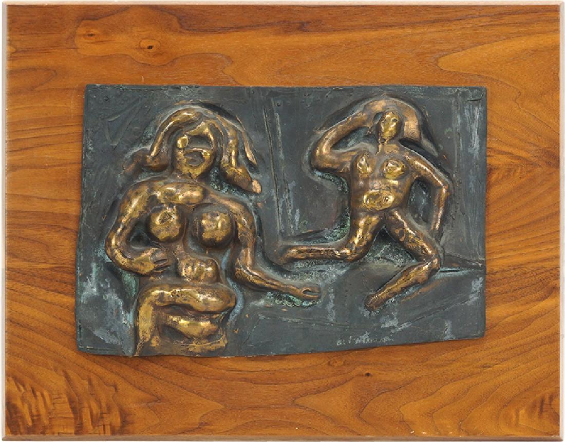 Abbott Pattison (American, 1916-1999) Two Nudes.: Abbott Pattison (American, 1916-1999) Two Nudes. Partially polished bronze relief, signed A. Pattison, mounted on a wood plaque Bronze: 8" x 12.25", Mount: 12.5" x 17.25"