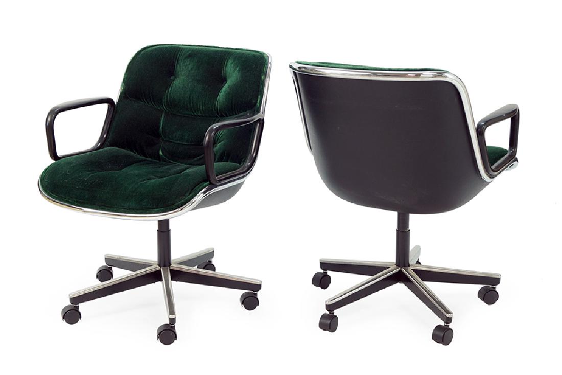 A Pair of Charles Pollock for Knoll Executive Chairs.: A Pair of Charles Pollock for Knoll Executive Chairs. Green velvet upholstery 33" x 26.5" x 32"