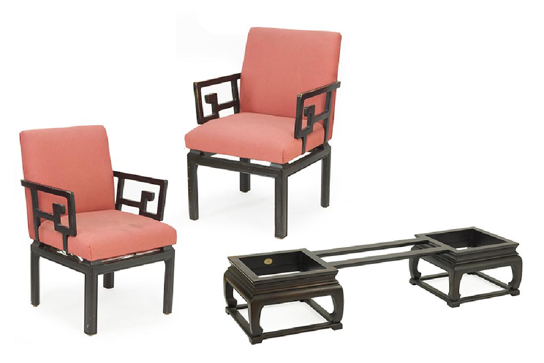 A Pair of Michael Taylor For Baker Greek Key Armchairs.: A Pair of Michael Taylor For Baker Greek Key Armchairs. Together with a Baker Chinoiserie style low table, lacking top