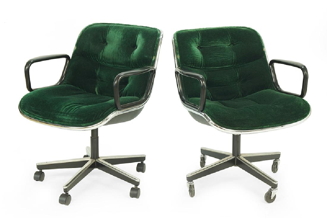 A Pair of Charles Pollock for Knoll Executive Chairs.: A Pair of Charles Pollock for Knoll Executive Chairs. Green velvet upholstery 33" x 26.5" x 32"