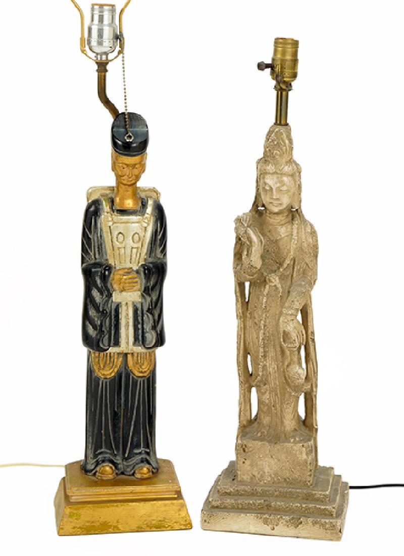 Two James Mont Style Asian Lamps.: Two James Mont Style Asian Lamps. Comprising one in carved wood and one in plaster Taller: 26" to top of socket