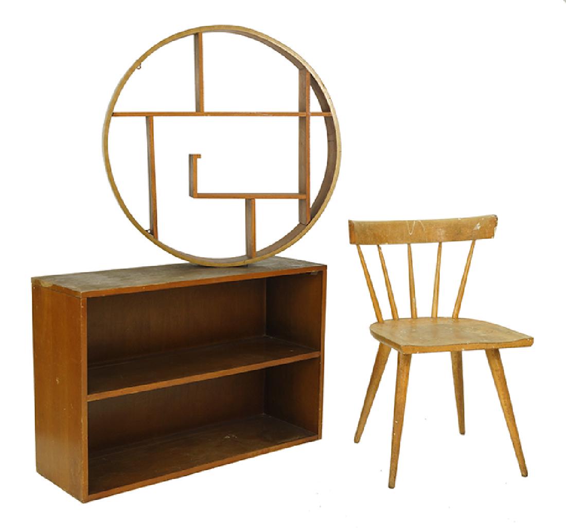 A Paul McCobb Planner Group Bookshelf.: A Paul McCobb Planner Group Bookshelf. Together with a Paul McCobb Planner Group side chair, and a round wall mount shelf in the style of Paul Frankl