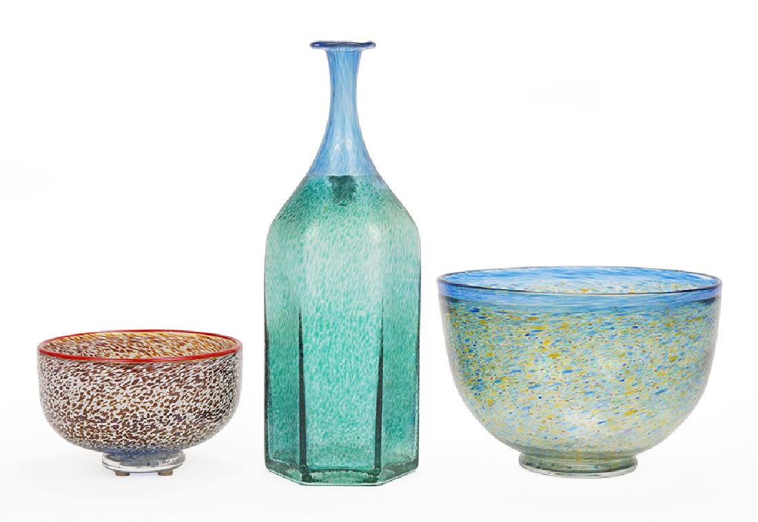 Three Bertil Vallien for Kosta Boda Glass Pieces.: Three Bertil Vallien for Kosta Boda Glass Pieces. Comprising two bowls and a bottle form vase Bottle height: 10.75"