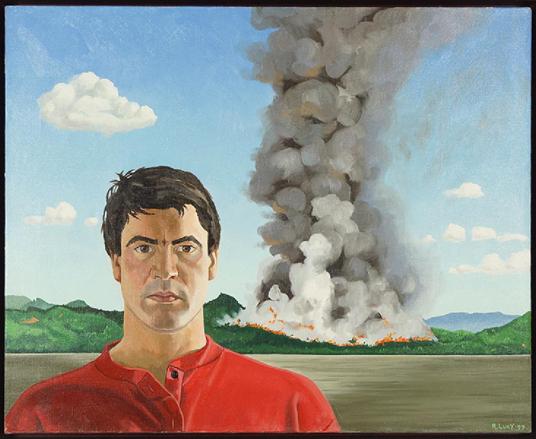 Robert Lucy (American, b. 1965) Self Portrait With: Robert Lucy (American, b. 1965) Self Portrait With Brush Fire. Oil on canvas, signed lower right and dated 97 26" x 32", frame: 27.5" x 33.5"