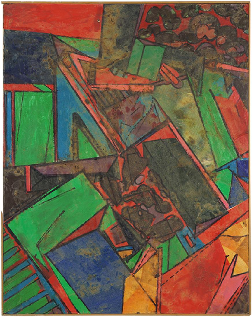 Harry Bouras (American, 1931-1990) Arlene's Grove.: Harry Bouras (American, 1931-1990) Arlene's Grove. Oil and collage on board, signed en verso, titled, dated Oct. 1975, unframed 48" x 38.25"