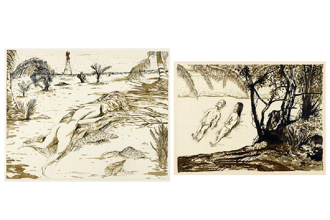David Sharpe (American, B. 1936) Beach Scenes.: David Sharpe (American, B. 1936) Beach Scenes. Two ink and wash drawings, each signed and dated 8-28-85 and 1-22-87 Larger: 23" x 29", Frame: 28.75" x 34.75"