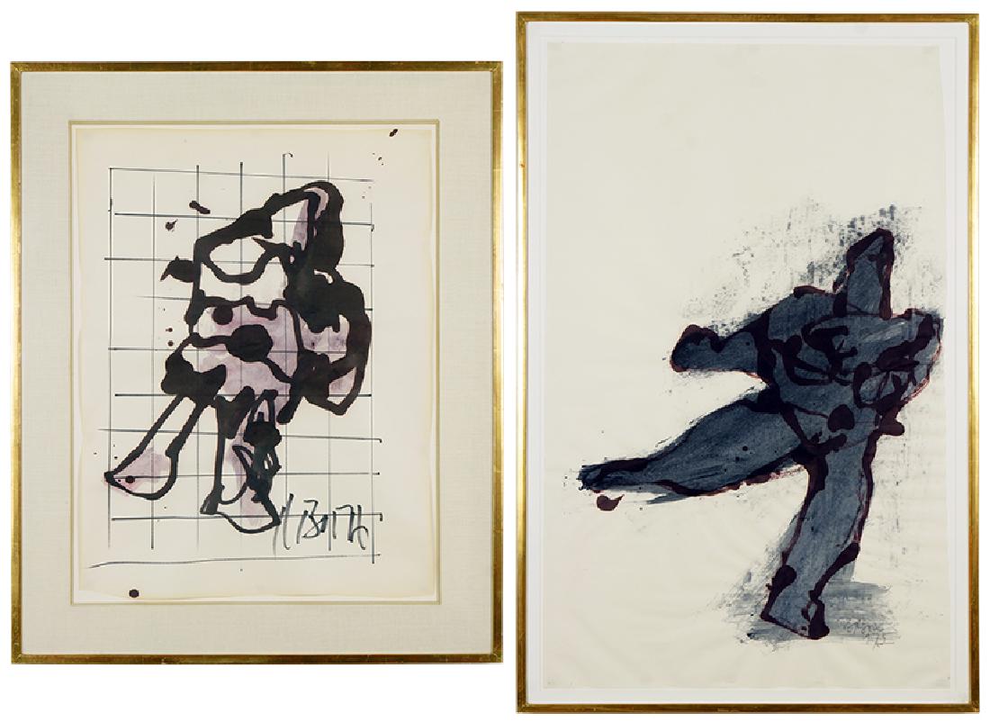 Harry Bouras (American, 1931-1990) Two Works.: Harry Bouras (American, 1931-1990) Two Works. Each an ink and watercolor on paper, signed lower right, one dated 1975 Larger: 35" x 21.5" Frame: 38" x 25.25"