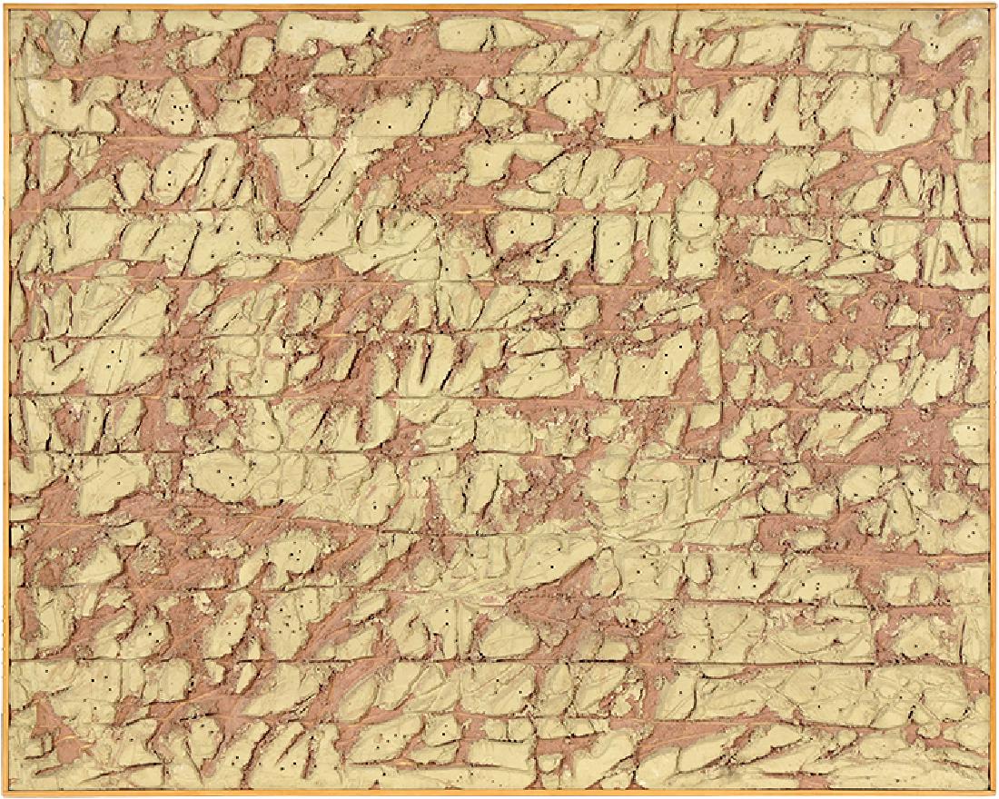 Harry Bouras (American, 1931-1990) Possible Text.: Harry Bouras (American, 1931-1990) Possible Text. Oil and cement on board, signed en verso, titled, dated October 1974, inscribed '#53', and bearing the artist's stamp 48" x 60" Frame: 48.75" x 60.75"