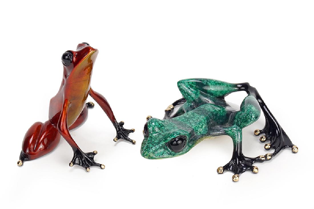 Tim Cotterill (British, B. 1950) Two Frog Sculptures.: Tim Cotterill (British, B. 1950) Two Frog Sculptures. Both are polychrome bronze sculptures. Red frog is numbered 1279/5000 and dated 05. Green frog is numbered 873/2000 and dated 97 Red frog: 3.5" x 