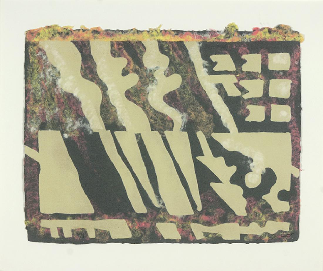 Richard Hunt (American, B. 1935) Paperwork #1.: Richard Hunt (American, B. 1935) Paperwork #1. Colored paper pulp sheet, pencil signed lower right and inscribed G/J, with the chop of Twinrocker Press 17" x 21", Frame: 29.25" x 32.25"