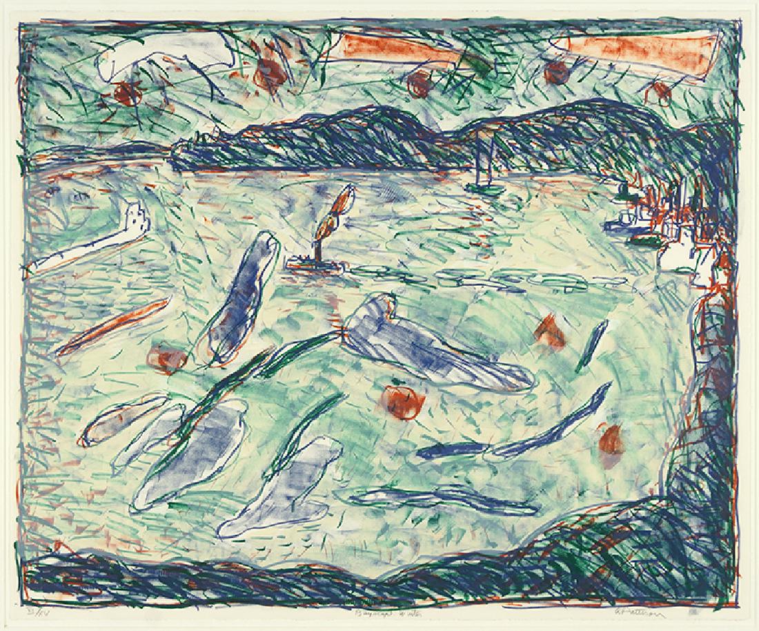 Abbott Pattison (American, 1916-1999) Bayscape: Winter.: Abbott Pattison (American, 1916-1999) Bayscape: Winter. Color lithograph, pencil signed lower right, titled and numbered XI/XV 22" x 26.75", Frame: 29.5" x 34.5"