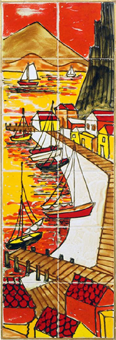 Harris Strong (American, 1920-2006) Tile Composition.: Harris Strong (American, 1920-2006) Tile Composition. Twelve framed glazed ceramic tiles depicting the shoreline of a fishing village Each tile: 6" x 6" Frame: 48.5" x 16.5"