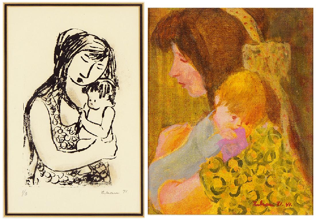 Gustav Likan (Yugoslavian, 1912-1998) Mother and Child.: Gustav Likan (Yugoslavian, 1912-1998) Mother and Child. Acrylic on canvasboard, signed lower right and dated '71; also signed, dedicated, and dated en verso. Together with a Gustav Likan lithograph de
