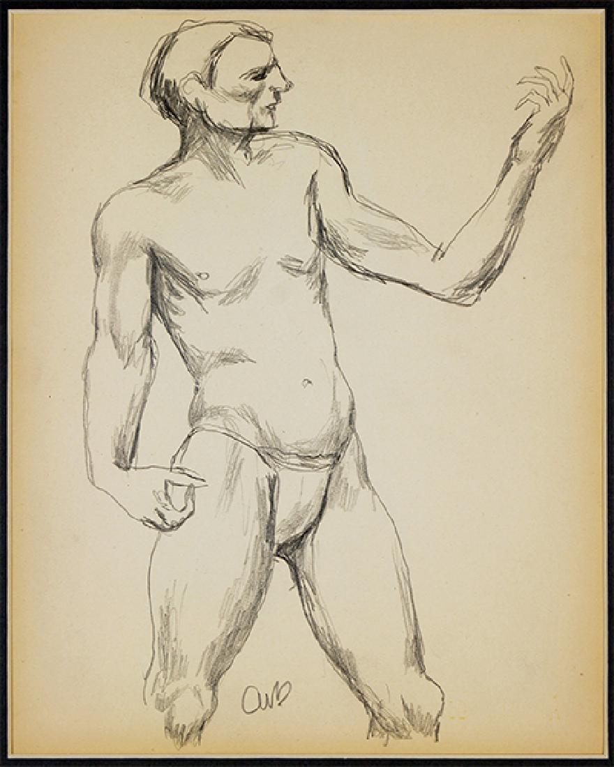 Aaron Bohrod (American, 1907-1992) Nudes.: Aaron Bohrod (American, 1907-1992) Nudes. A double-sided pencil drawing, male nude is initialed; on verso is a female nude, with artist's estate stamp, unframed 12" x 9"