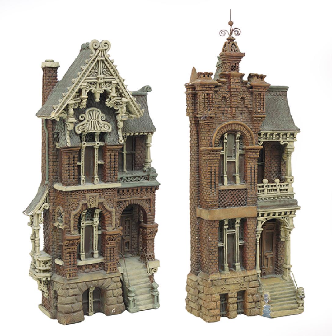Zani Jacobsen (American, 20th Century) Two Brownstones.: Zani Jacobsen (American, 20th Century) Two Brownstones. Two ceramic relief sculptures depicting Chicago private residences, one signed Larger: 22" x 11.5" x 4.5"