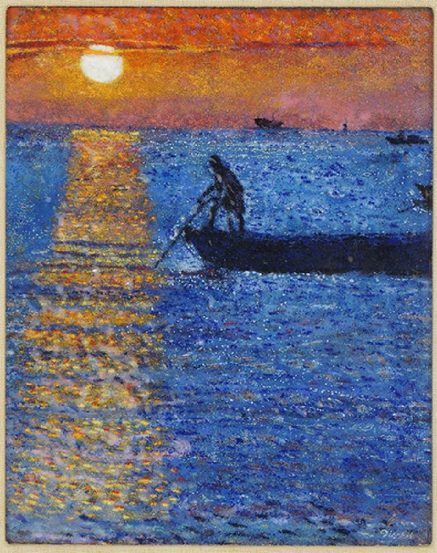 Molly Fischel (American, 20th Century) Moonlit: Molly Fischel (American, 20th Century) Moonlit Fisherman. Enamel on copper, signed lower right, artist's stap on verso 10" x 8", Frame: 15.5" x 13.25"