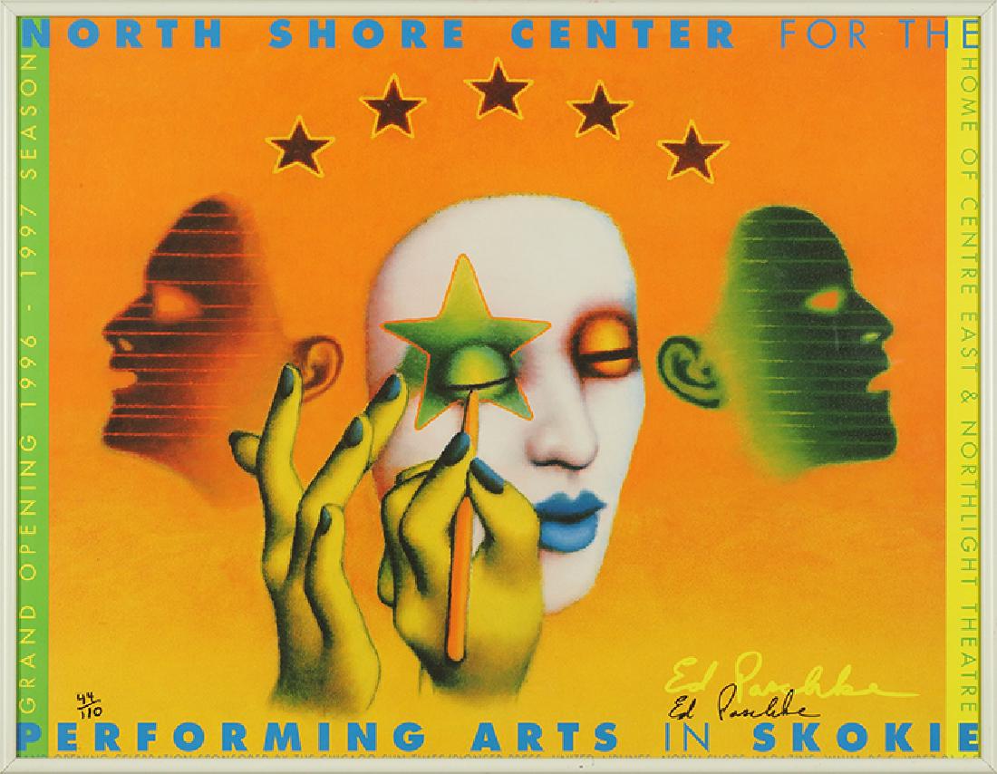 After Ed Paschke (American, 1939-2004) Exhibition: After Ed Paschke (American, 1939-2004) Exhibition Poster. Color offset, 1996, signed in ink by Paschke lower right and numbered 44/110 16.75" x 22", Frame: 17.25" x 22.25"
