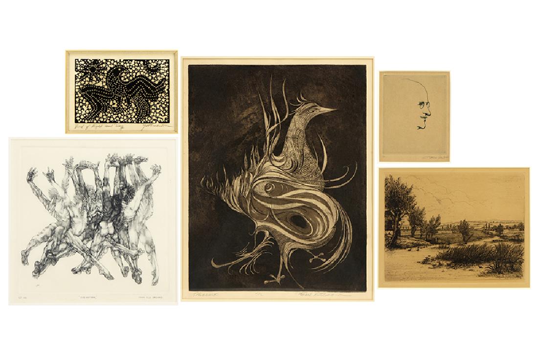 Earl Kittleson (American, 1927-2009) Phoenix.: Earl Kittleson (American, 1927-2009) Phoenix. Burin with aquatint, pencil signed lower right, titled and numbered 4/12. Together with "Mob Rapture", drypoint by John Silk Deckard, "Bird of Night and D