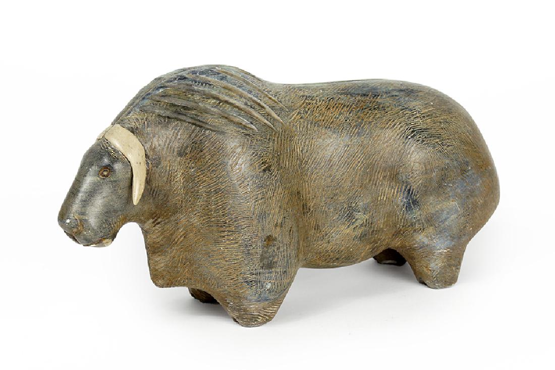 A David Ruben Piqtoukun Stone Sculpture.: A David Ruben Piqtoukun Stone Sculpture. Depicting a musk ox. Signed and dated 1982 on underside 6" x 11.75" x 3.5"