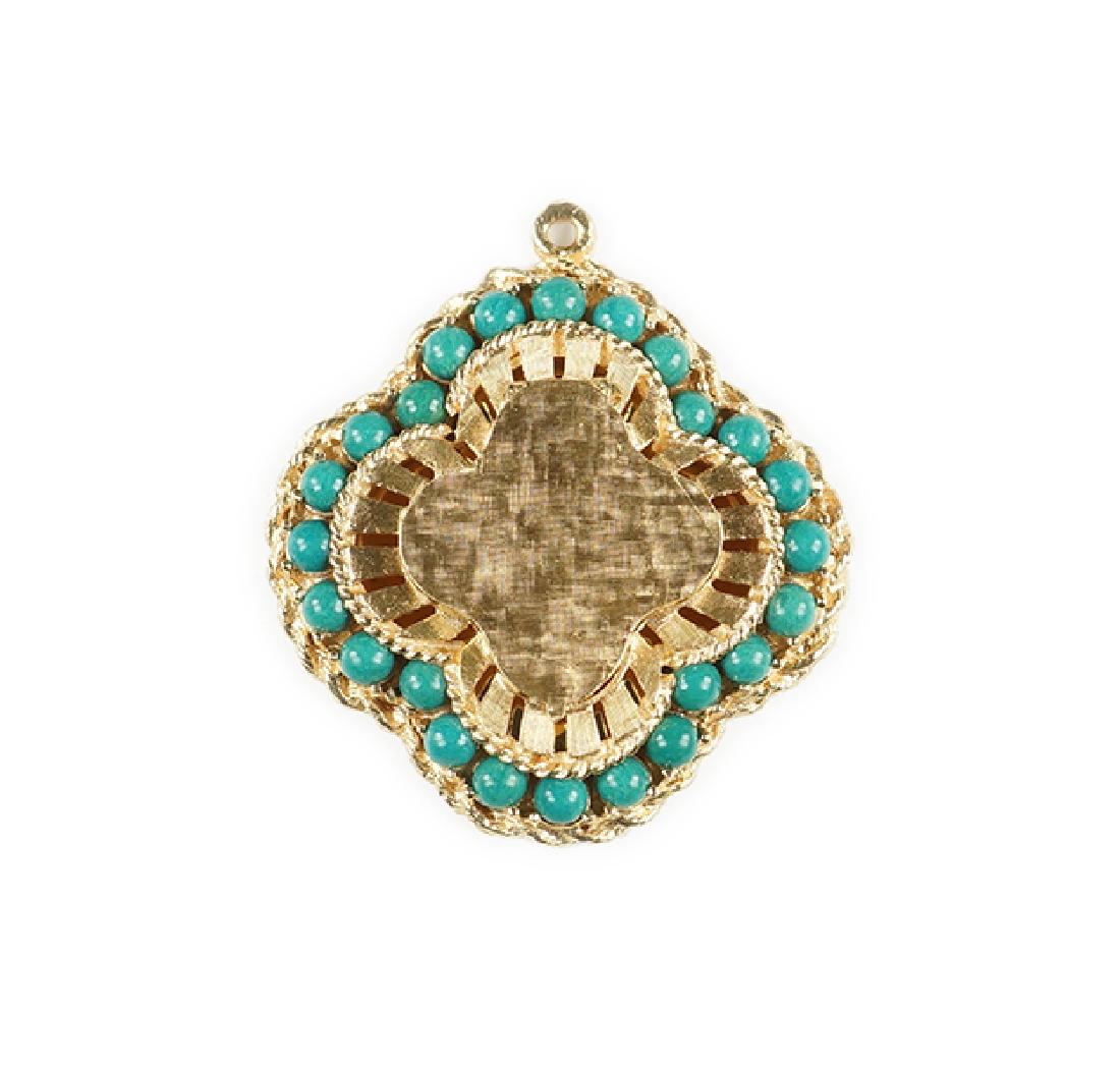 A Turquoise Locket Pendant.: A Turquoise Locket Pendant. 14 karat yellow gold quatrefoil form pendant contains 24 prong set turquoise beads 1.5" x 1.5" Wt: 18.5 grams