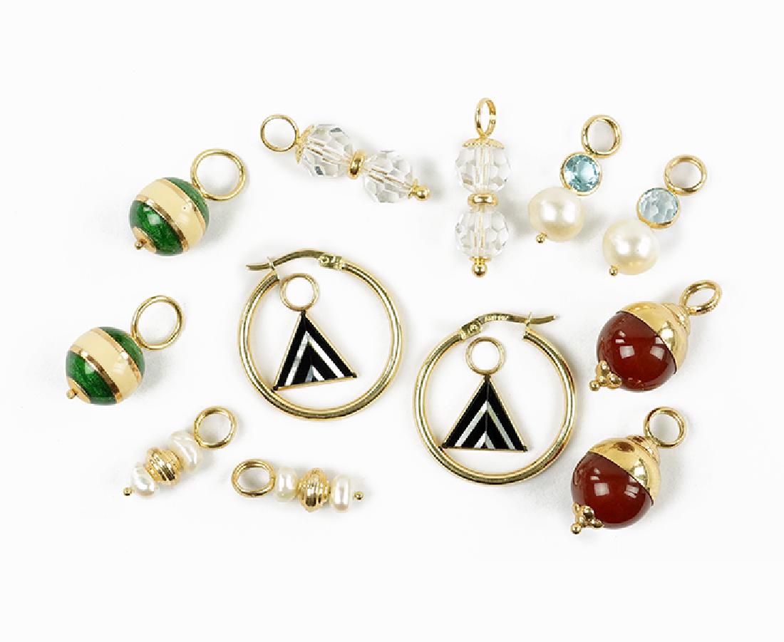 A Pair of 14 Karat Yellow Gold Hoop Earrings.: A Pair of 14 Karat Yellow Gold Hoop Earrings. Together with six pairs of 14 karat yellow gold drops; blue topaz and pearl, carnelian, green and beige enamel, onyx and mother-of-pearl, freshwater pearl
