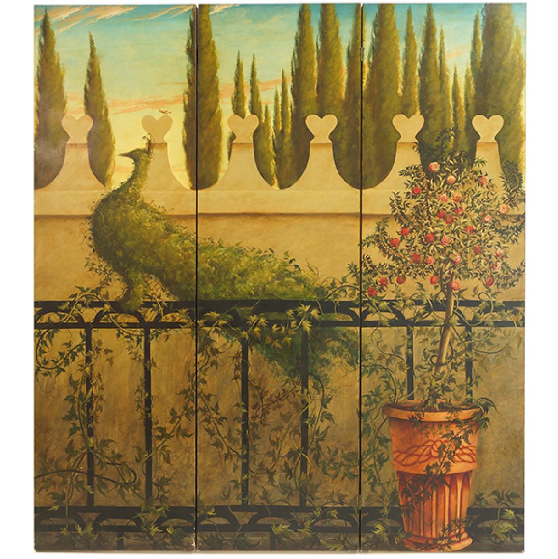 A Hand Painted Three-Panel Floor Screen.: A Hand Painted Three-Panel Floor Screen. One side depicting a landscape, the other painted black Each panel: 80" x 24"