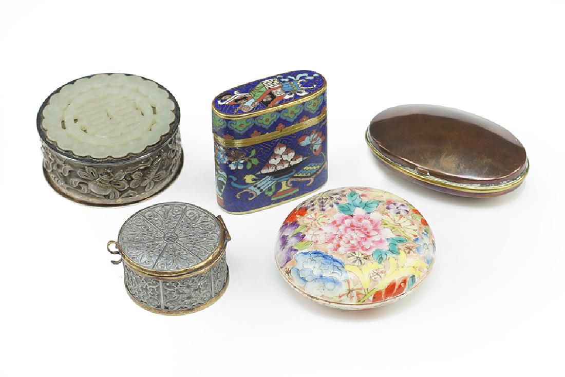 A Collection Of Decorative Boxes.: A Collection Of Decorative Boxes. Comprising a seal paste box, a cloisonne box, a round silvertone box with carved jade insert to cover, a Victorian pewter and brass snuff box, and a Victorian copper